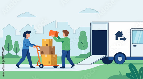 Foto People moving house, loading boxes onto a truck for relocation service