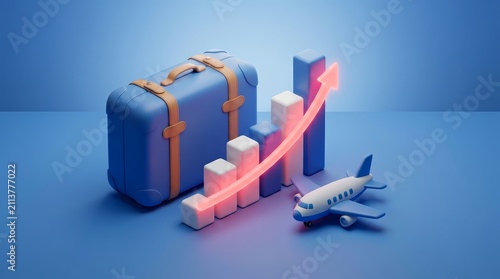 Travel cost increase, business growth, and economic trends represented by a suitcase, airplane, and rising graph