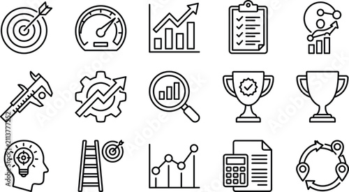 Business performance optimization and benchmarking line icon set for goal setting strategic growth and data tracking