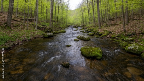 A serene forest stream flows through lush greenery, with moss-covered rocks scattered along the banks, This tranquil scene is ideal for nature-related projects, relaxation themes