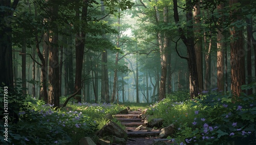 Sunlight Filters Through Trees in a Forest With Old Equipment and Grass in th...