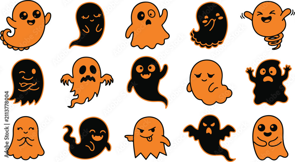 Fototapeta premium Set of cute hand drawn ghosts in orange and black colors for halloween party decoration and design elements