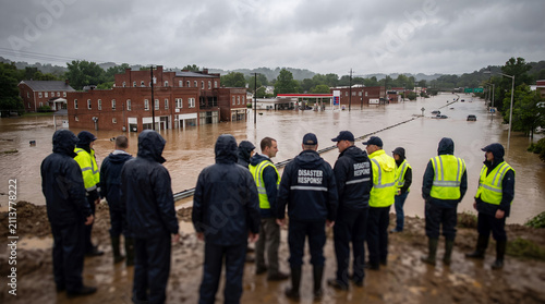 Emergency responders assessing flood damage in submerged town  