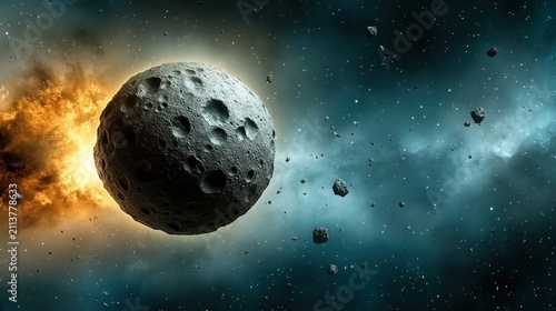 A dramatic cosmic scene showcases a planet with craters surrounded by an explosion and floating asteroids, perfect for sci-fi themes, space exploration projects, and educational materials,