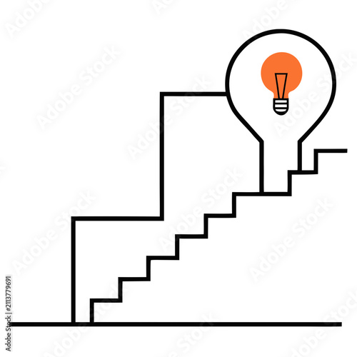 Creative concept showing light bulb placed on top of stairway steps ladder design linear graphic isolated on transparent background.