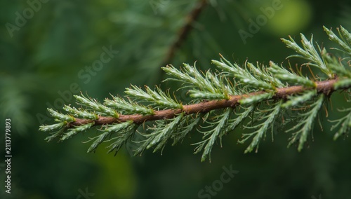 Close-up View of a Green Branch With Needle-Like Leaves in a Forest