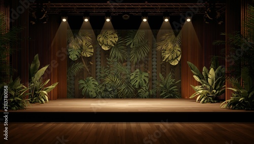 Stage Set up in a Venue With Lights and Plants for a Performance or Event