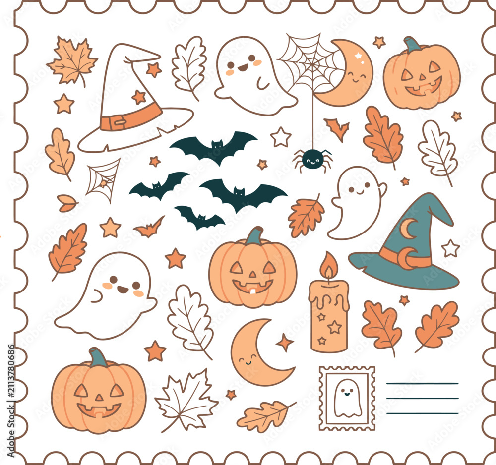 Obraz premium Halloween collection of cute doodle stickers and postage stamp elements with halloween, stickers
