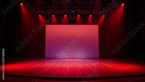 Stage Area With Red Lights and Empty Backdrop in a Theater Setting