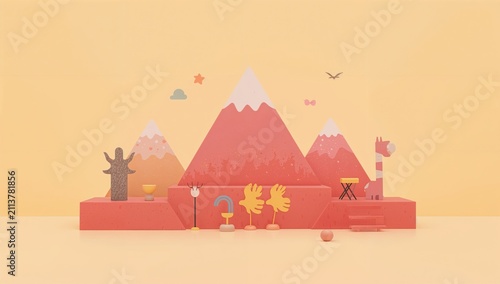 Colorful Landscape With Mountains and Playful Figures in a Creative Display