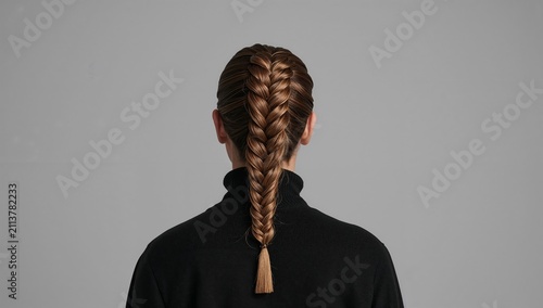 Woman With a Long Braid Standing Against a Grey Background in a Studio Setting
