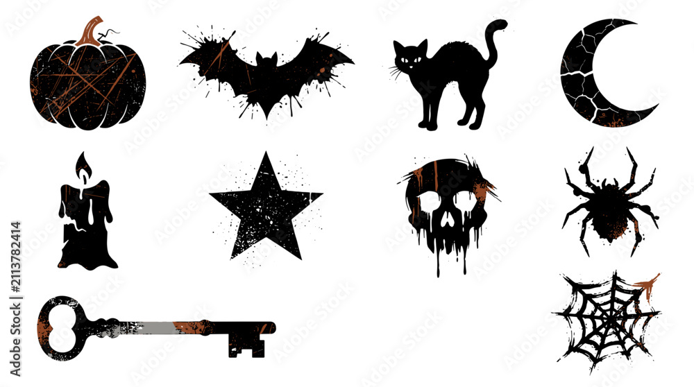 Fototapeta premium Collection of spooky halloween symbols including pumpkin bat cat moon skull key spider and web