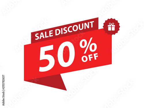 Red Sale Discount 50 Percent Off Vector Tag Ribbon Banner Label Design Template for Shopping