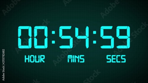 1 Hours countdown timer animation, isolated on a blue and grid background with an alpha channel. High quality 4K video.