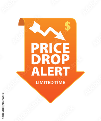 Orange price drop alert banner with downward arrow and dollar sign.