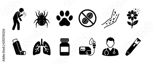 Quadro su tela Collection of black allergy and respiratory health on a white background
