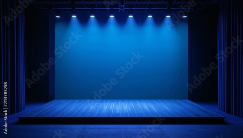Stage Setup With Blue Lighting Prepares for Performance
