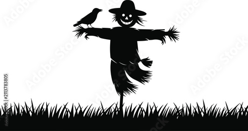 Foto Spooky halloween scarecrow silhouette standing in a grass field with a crow perc