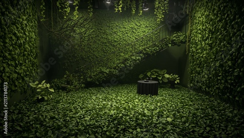 Plants Cover Walls and Floor of a Room With a Staircase in the Background