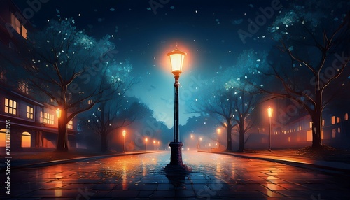 city lights glow around a lone lamppost a dramatic nighttime scene captured in evocative street photography