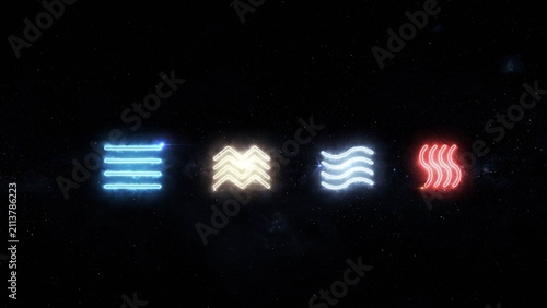 digital artwork features four glowing neon-style icons representing the elements: fire, water, air, and earth. Each symbol is rendered in a distinct color and pattern