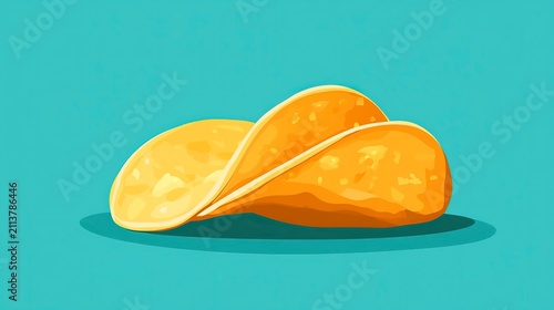 A stack of golden chips rests on a vibrant teal surface, creating an eye-catching contrast. The crispy texture promises a delightful crunch in every bite, perfect for sharing