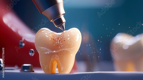 In a vibrant dental clinic, a skilled technician meticulously decorates a lifelike tooth model with shimmering detail. The scene glows with careful artistry and innovation, showcasing expertise