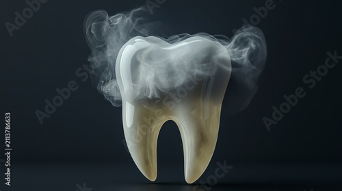 A gleaming white tooth stands in stark contrast against a dark background, elegantly enveloped by wisps of smoke, evoking a sense of mystery and wonder in a dental context