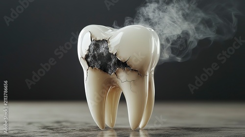 In a dark setting, a large cracked tooth stands alone, with swirling smoke rising from it. The tooth's surface exhibits deep fissures, conveying a sense of decay and mystery