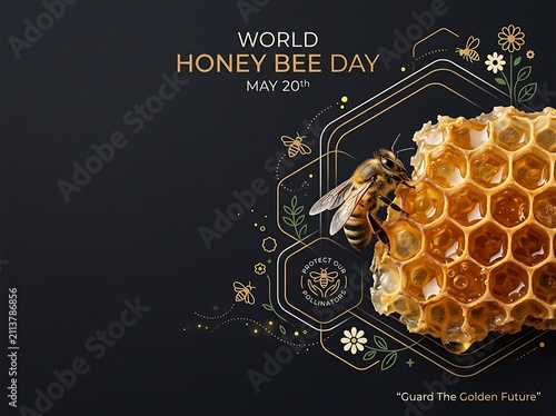 Honey bee on honeycomb during World Honey Bee Day with abstract floral elements