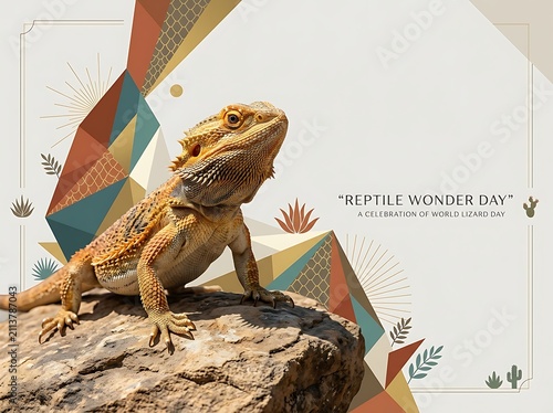Bearded dragon on rock during daytime with geometric background and desert plants