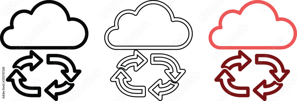 Obraz premium Cloud computing sync icon set in black, outline, and red, data transfer and storage.