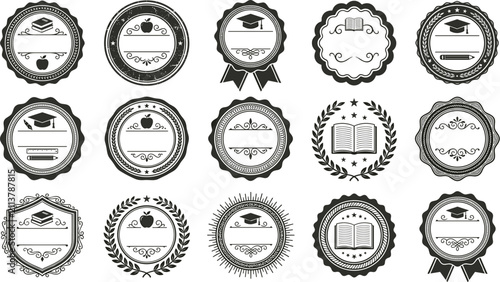 Vintage monochrome graduation badges collection with retro academic stamps school certificate frames university stickers and educational emblem vector elements,