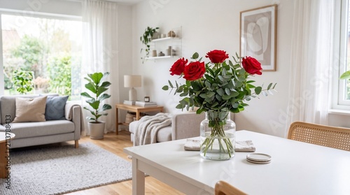 Red roses a focal point on dining table in bright, minimalist living and dining room