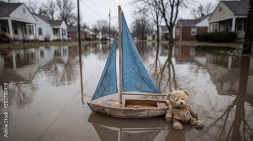 Toy sailboat and teddy bear floating in street flooded by natural disaster