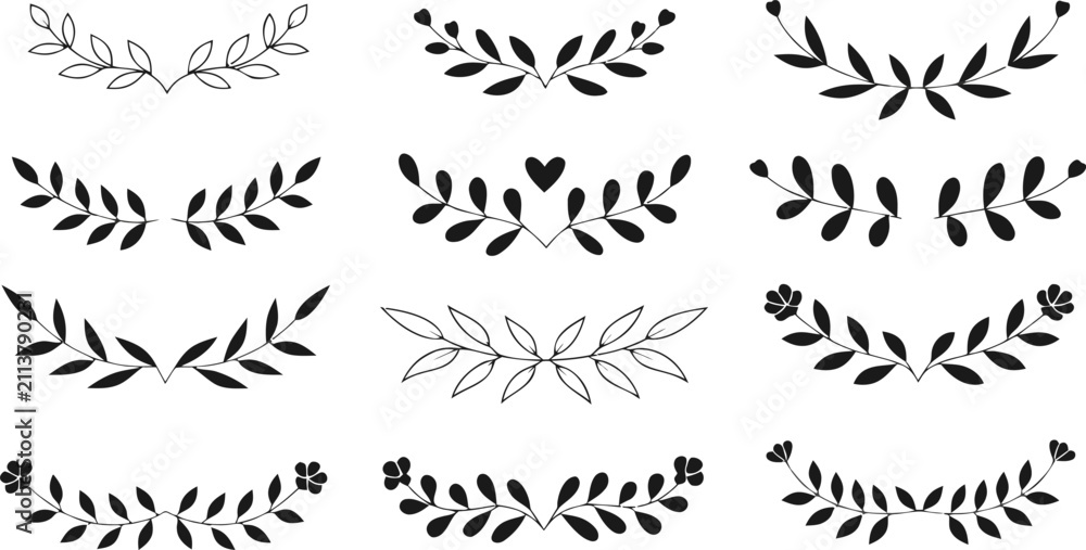 Fototapeta premium Delicate botanical leaf sprigs arranged in curved borders on white background for decorative design elements