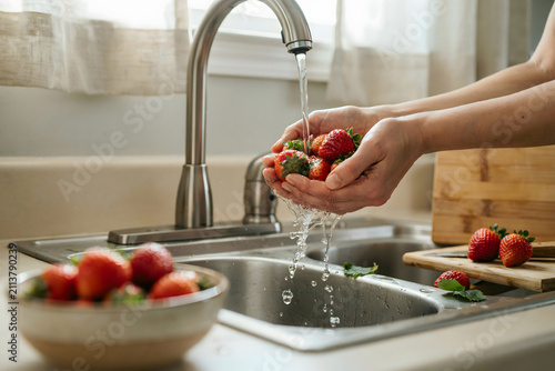 A person rinsing fresh red strawberries in a stainless steel kitchen sink under a faucet, with a bowl of strawberries on a wooden cutting board