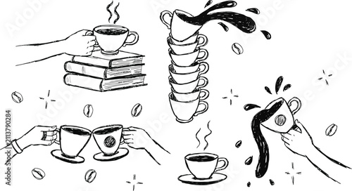 Cuadro en lienzo Doodle coffee cups held during celebration with spilled liquid and beans during
