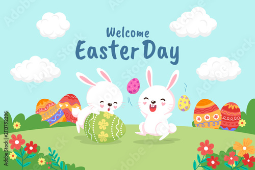 Cuadro en lienzo Welcome Easter Day banner with cute bunnies and painted eggs