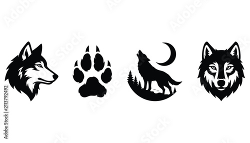 Bild auf Leinwand Set of black and white wolf icons featuring a profile head paw print howling sil