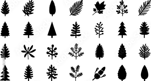 Fotografie Trees and Leaves Black Silhouette Vector Icon Set