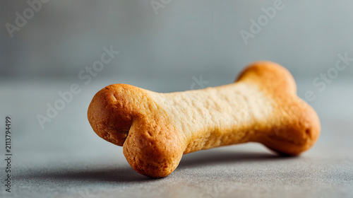 Dog bone shaped biscuit sits on a flat surface indoors with soft lighting