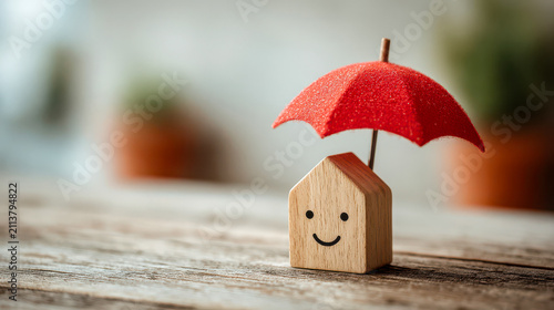 Wooden house model with a red umbrella on a table in a cozy indoor setting
