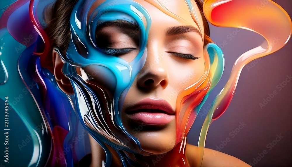 Obraz premium Surreal Woman Face with Colorful Liquid Abstract Shapes