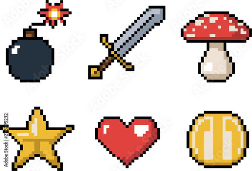 Retro pixel art game icon set, colorful 8bit weapon and item elements vector