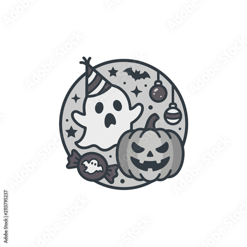 Circular Halloween design with ghost and pumpkin.