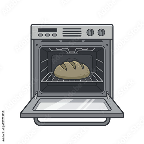 Fresh bread loaf baking inside open oven.