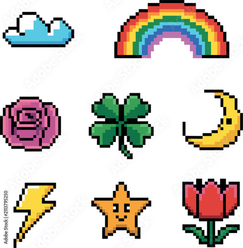 Cute pixel art rainbow nature and flower icon set, colorful 8bit game elements vector