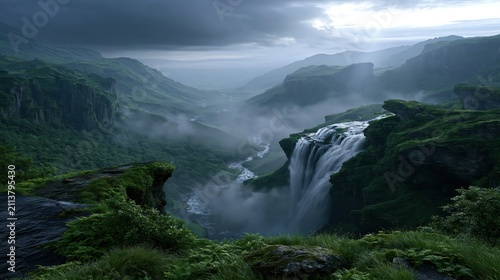 Waterfall flows down cliffs in a valley surrounded by mountains and mist during overcast weather in a natural setting