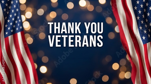 Thank you veterans message on a festive background with american flags for veterans day celebration